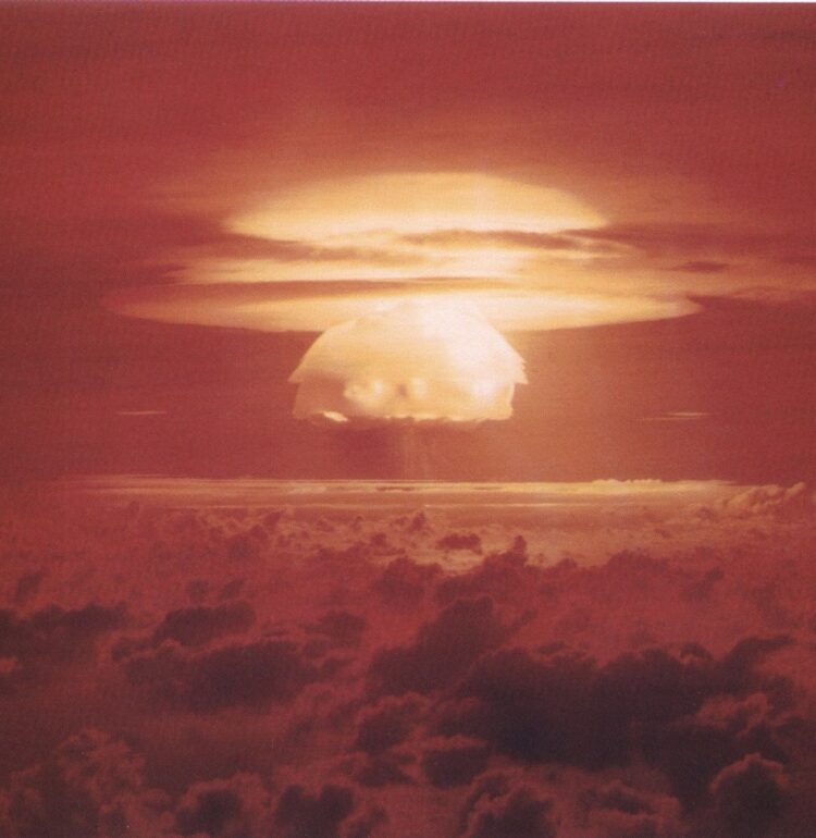 Nuclear weapon test Bravo (yield 15 Mt) on Bikini Atoll. The test was part of the Operation Castle. The Bravo event was an experimental thermonuclear device surface event.