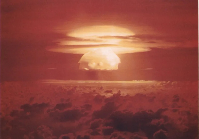 Nuclear weapon test Bravo (yield 15 Mt) on Bikini Atoll. The test was part of the Operation Castle. The Bravo event was an experimental thermonuclear device surface event.