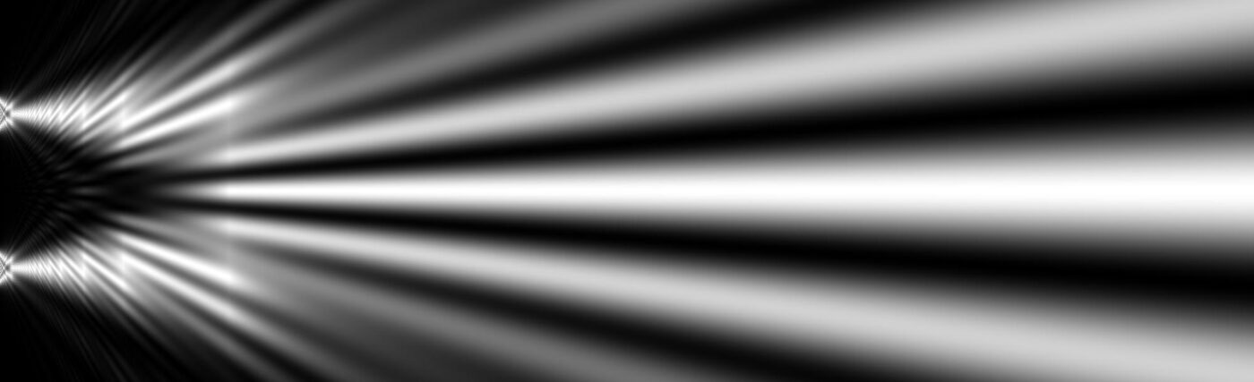 Calculated intensity distribution behind a double slit illuminated by a plane monochromatic, fully coherent X-ray wave. The simulation of the wavefront propagation was performed with the XWFP propagation code (T. Weitkamp, Proceedings SPIE 5536 (2004) 181-189), using a Fresnel propagation kernel in paraxial approximation.