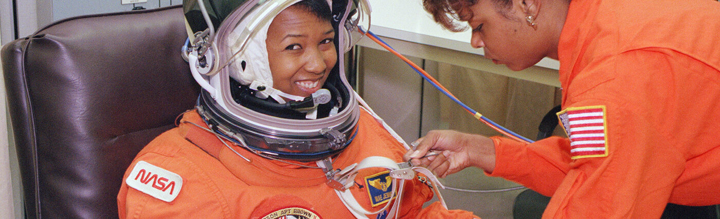 Dr. Mae Jemison, MD, suiting up for her historic space flight.