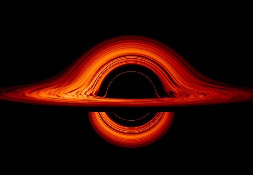 Seen nearly edgewise, the turbulent disk of gas churning around a black hole takes on a crazy double-humped appearance. The black hole’s extreme gravity alters the paths of light coming from different parts of the disk, producing the warped image.