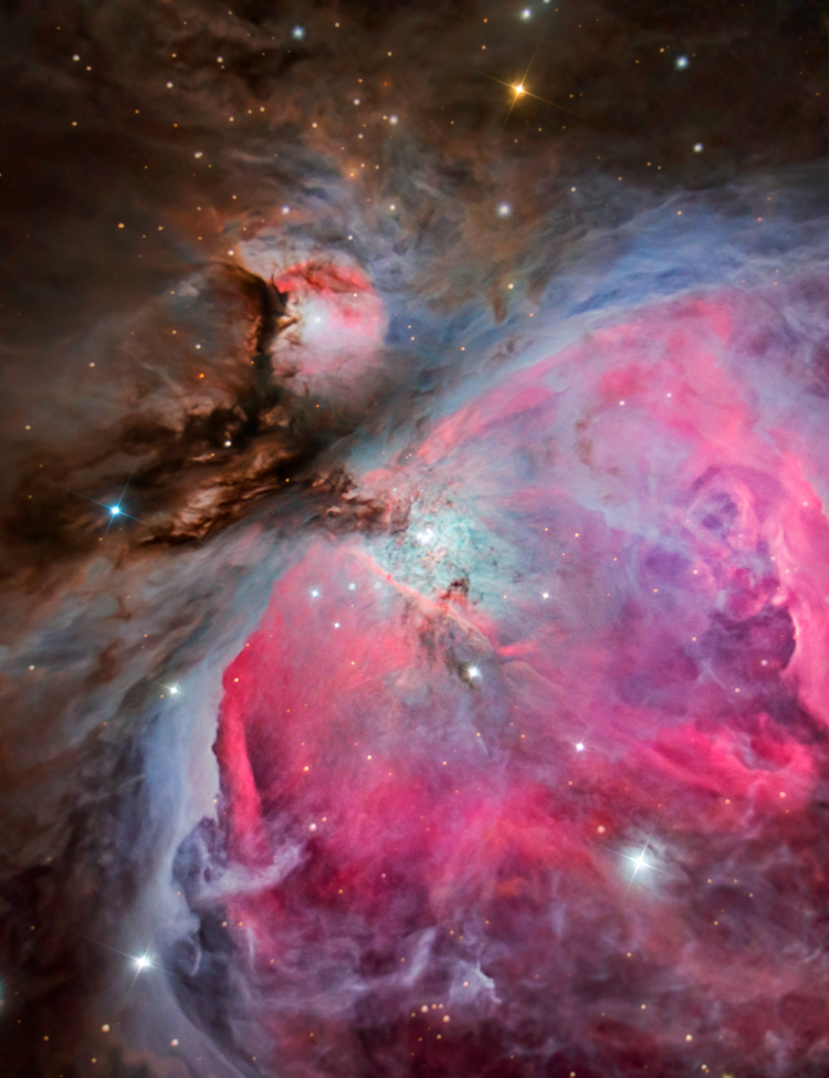 The Orion Nebula (Messier 42, M42), located in the Orion constellation 1270 light-years away, is one of the brightest and most beautiful nebulae in the night sky. It is a star-forming region, where new stars and star systems are born. The structure of this nebula is sculpted by a group of stars that release a large amount of radiation known as "The Trapezium", this cluster of stars is located in the central and brightest area of the image and is named after the figure formed by its stars.