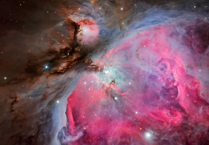 The Orion Nebula (Messier 42, M42), located in the Orion constellation 1270 light-years away, is one of the brightest and most beautiful nebulae in the night sky. It is a star-forming region, where new stars and star systems are born. The structure of this nebula is sculpted by a group of stars that release a large amount of radiation known as "The Trapezium", this cluster of stars is located in the central and brightest area of the image and is named after the figure formed by its stars.