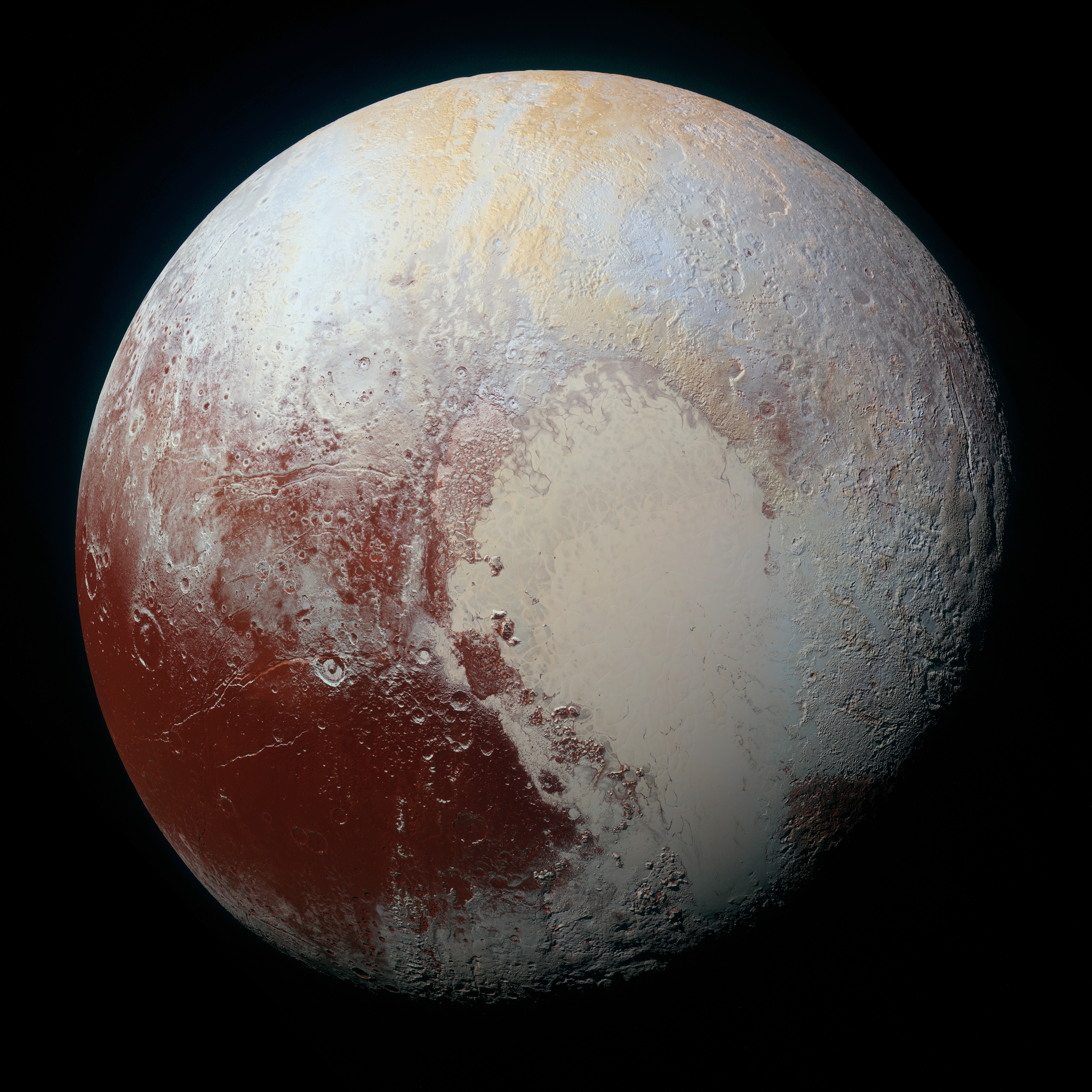 NASA's New Horizons spacecraft captured this high-resolution enhanced color view of Pluto on July 14, 2015. The image combines blue, red and infrared images taken by the Ralph/Multispectral Visual Imaging Camera (MVIC). Pluto’s surface sports a remarkable range of subtle colors, enhanced in this view to a rainbow of pale blues, yellows, oranges, and deep reds. Many landforms have their own distinct colors, telling a complex geological and climatological story that scientists have only just begun to decode. The image resolves details and colors on scales as small as 0.8 miles (1.3 kilometers). The viewer is encouraged to zoom in on the image on a larger screen to fully appreciate the complexity of Pluto’s surface features.