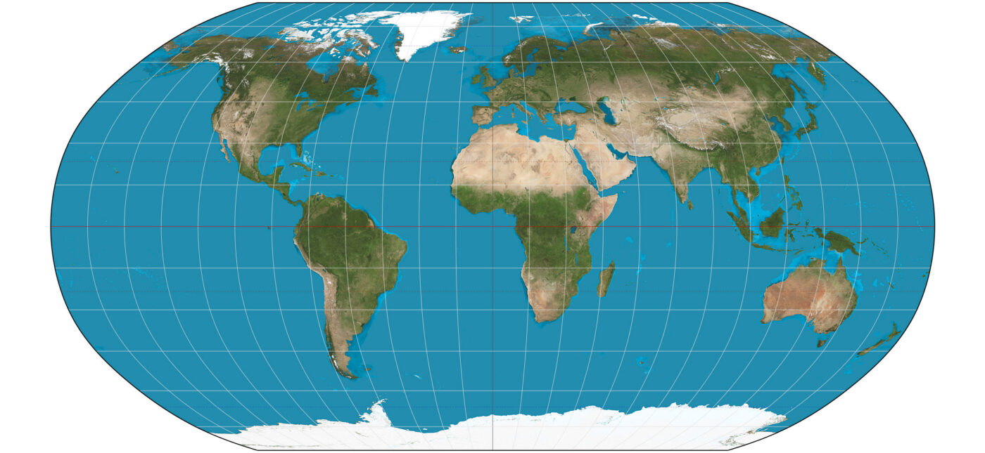 The world on Robinson projection. 15° graticule. Imagery is a derivative of NASA's Blue Marble summer month composite with oceans lightened to enhance legibility and contrast. Image created with the Geocart map projection software.