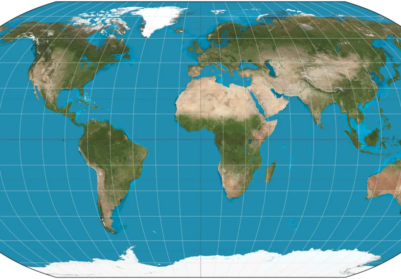 The world on Robinson projection. 15° graticule. Imagery is a derivative of NASA's Blue Marble summer month composite with oceans lightened to enhance legibility and contrast. Image created with the Geocart map projection software.