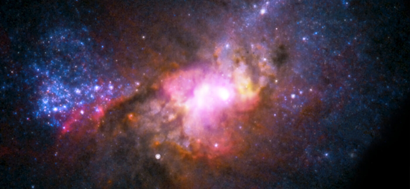 Combined observations from Chandra (purple), the Very Large Array (yellow) along with Hubble (red, green, and blue) have provided astronomers with a detailed new look at how galaxy and black hole formation may have occurred in the early Universe. The lack of a significant bulge of stars in the center of Henize 2-10, a galaxy with similar properties to those when the Universe was very young, indicates that black hole growth may be preceding the growth of the bulge. This differs from the relatively nearby Universe where the growth of galaxy bulges and supermassive black holes appear to happen in parallel.