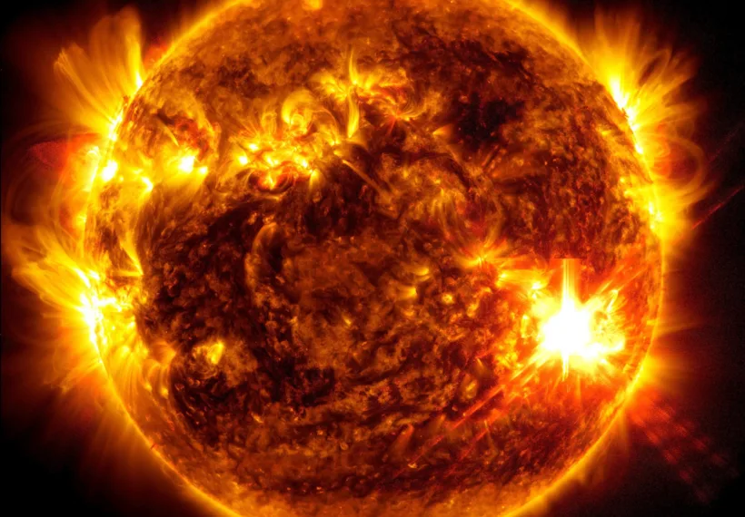 NASA’s Solar Dynamics Observatory (SDO) captured this image of an X5.8 solar flare peaking at 9:23 p.m. EDT on May 10, 2024. The image shows a subset of extreme ultraviolet light that highlights the extremely hot material in flares.