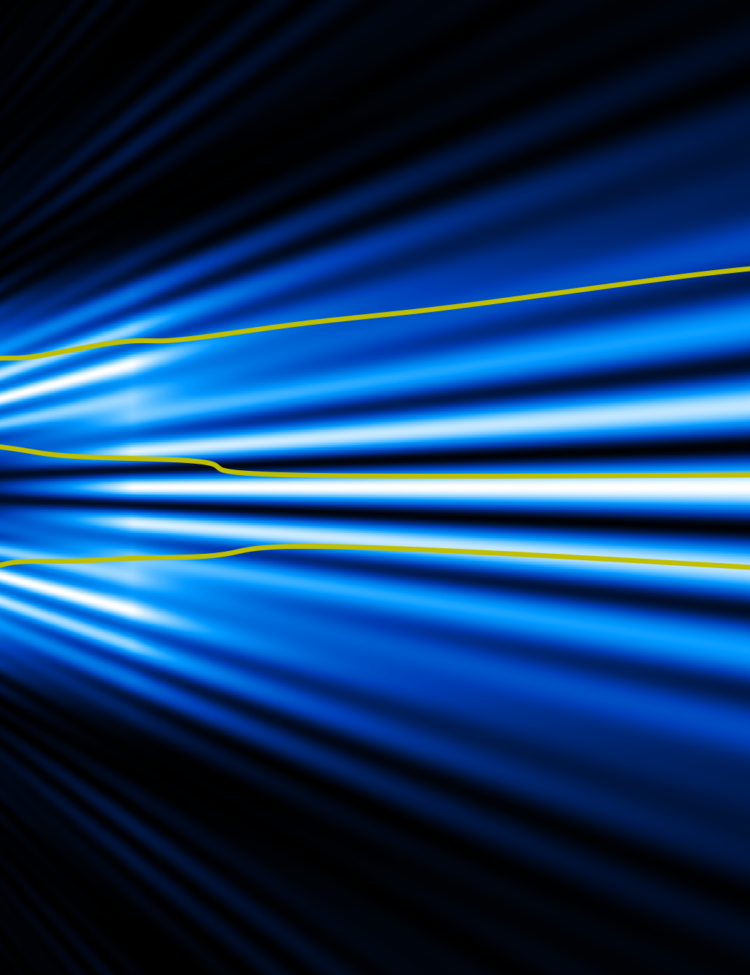 3 trajectories of electrons for the two-slit experiment. Each electron is guided by its wave function. While each trajectory passes through only one slit, the wave passes through both.