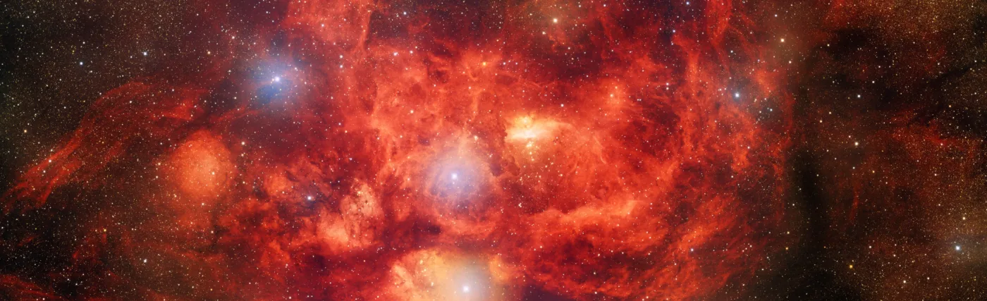 This image, taken by astronomers using the US Department of Energy-fabricated Dark Energy Camera on the Víctor M. Blanco 4-meter Telescope at Cerro Tololo Inter-American Observatory, a Program of NSF’s NOIRLab, captures the star-forming nebula NGC 6357, which is located 8000 light-years away in the direction of the constellation Scorpius. This image reveals bright, young stars surrounded by billowing clouds of dust and gas inside NGC 6357, which is also known as the Lobster Nebula.