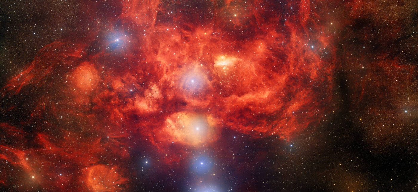 This image, taken by astronomers using the US Department of Energy-fabricated Dark Energy Camera on the Víctor M. Blanco 4-meter Telescope at Cerro Tololo Inter-American Observatory, a Program of NSF’s NOIRLab, captures the star-forming nebula NGC 6357, which is located 8000 light-years away in the direction of the constellation Scorpius. This image reveals bright, young stars surrounded by billowing clouds of dust and gas inside NGC 6357, which is also known as the Lobster Nebula.
