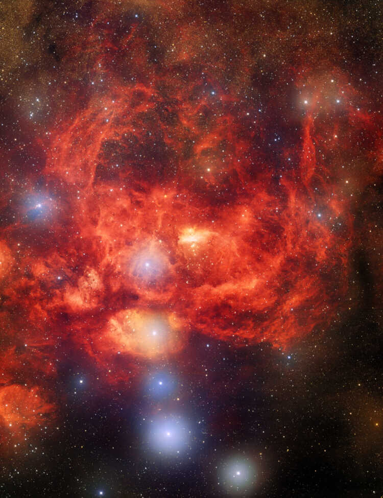 This image, taken by astronomers using the US Department of Energy-fabricated Dark Energy Camera on the Víctor M. Blanco 4-meter Telescope at Cerro Tololo Inter-American Observatory, a Program of NSF’s NOIRLab, captures the star-forming nebula NGC 6357, which is located 8000 light-years away in the direction of the constellation Scorpius. This image reveals bright, young stars surrounded by billowing clouds of dust and gas inside NGC 6357, which is also known as the Lobster Nebula.