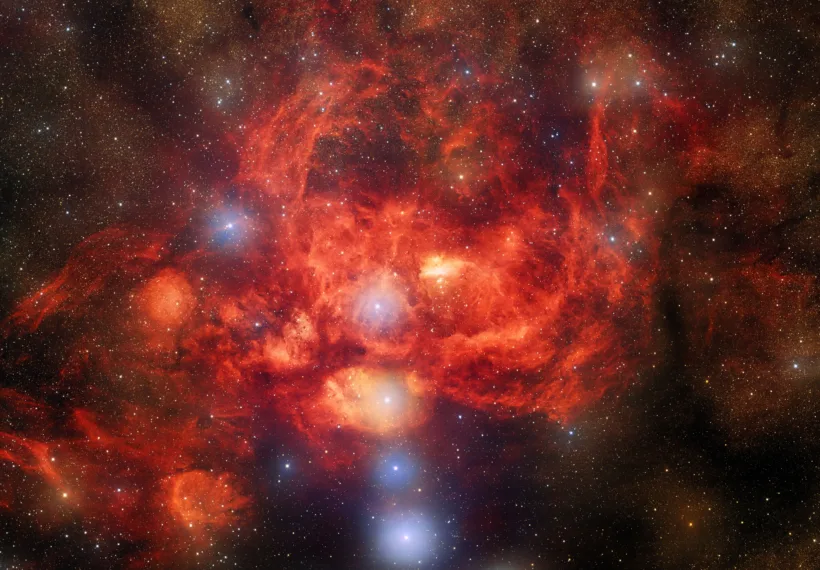 This image, taken by astronomers using the US Department of Energy-fabricated Dark Energy Camera on the Víctor M. Blanco 4-meter Telescope at Cerro Tololo Inter-American Observatory, a Program of NSF’s NOIRLab, captures the star-forming nebula NGC 6357, which is located 8000 light-years away in the direction of the constellation Scorpius. This image reveals bright, young stars surrounded by billowing clouds of dust and gas inside NGC 6357, which is also known as the Lobster Nebula.