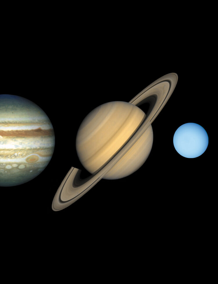 Jupiter, Saturn, Uranus, and Neptune are known as the jovian (Jupiter-like) planets because they are all gigantic compared with Earth, and they have a gaseous nature like Jupiter's. The jovian planets are also referred to as the gas giants, although some or all of them might have small solid cores. This diagram shows the approximate relative sizes of the jovian planets.