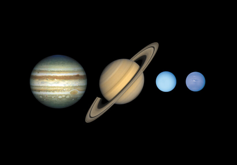 Jupiter, Saturn, Uranus, and Neptune are known as the jovian (Jupiter-like) planets because they are all gigantic compared with Earth, and they have a gaseous nature like Jupiter's. The jovian planets are also referred to as the gas giants, although some or all of them might have small solid cores. This diagram shows the approximate relative sizes of the jovian planets.