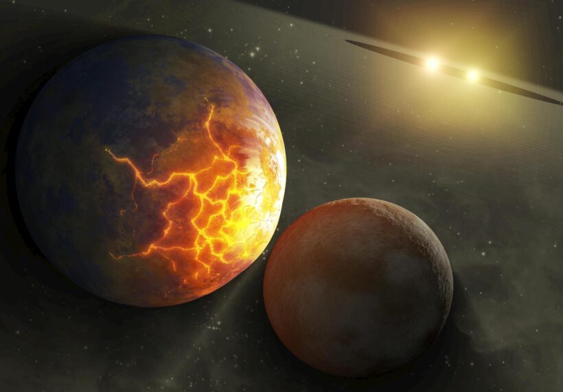 This artist concept illustrates an imminent planetary collision around a pair of double stars. NASA Spitzer Space Telescope found evidence that such collisions could be common around a certain type of tight double, or binary, star system.