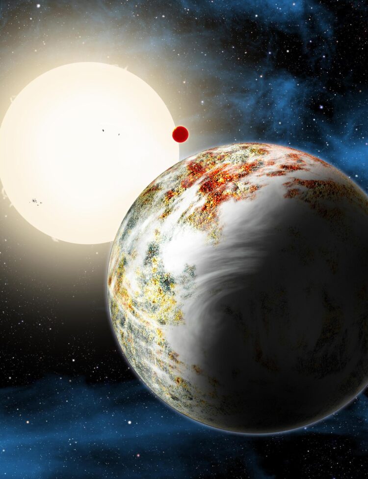 ​​An artist conception shows the Kepler-10 system, home to two rocky planets. In the foreground is Kepler-10c, a planet that weighs 17 times as much as Earth and is more than twice as large in size.