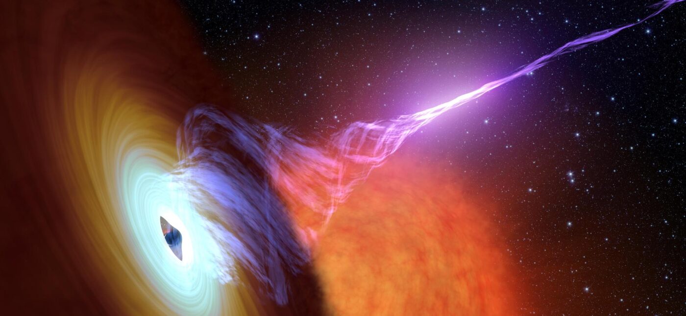 This artist's concept shows a black hole with an accretion disk -- a flat structure of material orbiting the black hole -- and a jet of hot gas, called plasma. Using NASA's NuSTAR space telescope and a fast camera called ULTRACAM on the William Herschel Observatory in La Palma, Spain, scientists have been able to measure the distance that particles in jets travel before they "turn on" and become bright sources of light. This distance is called the "acceleration zone."