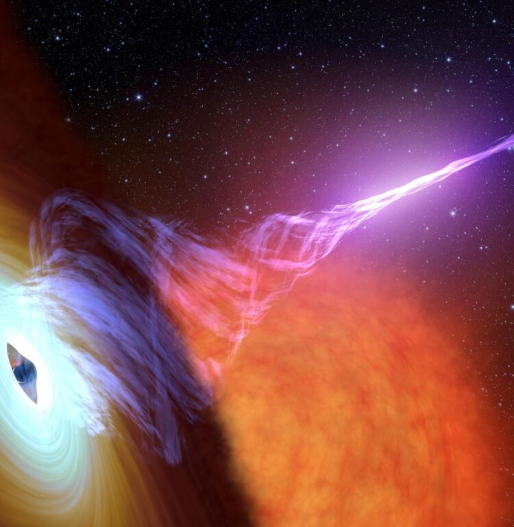 This artist's concept shows a black hole with an accretion disk -- a flat structure of material orbiting the black hole -- and a jet of hot gas, called plasma. Using NASA's NuSTAR space telescope and a fast camera called ULTRACAM on the William Herschel Observatory in La Palma, Spain, scientists have been able to measure the distance that particles in jets travel before they "turn on" and become bright sources of light. This distance is called the "acceleration zone."