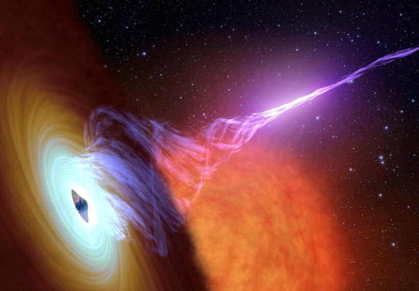 This artist's concept shows a black hole with an accretion disk -- a flat structure of material orbiting the black hole -- and a jet of hot gas, called plasma. Using NASA's NuSTAR space telescope and a fast camera called ULTRACAM on the William Herschel Observatory in La Palma, Spain, scientists have been able to measure the distance that particles in jets travel before they "turn on" and become bright sources of light. This distance is called the "acceleration zone."