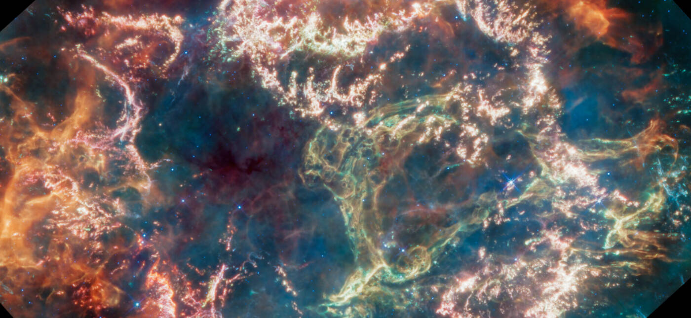 Cassiopeia A (Cas A) is a supernova remnant located about 11,000 light-years from Earth in the constellation Cassiopeia. It spans approximately 10 light-years. This new image uses data from Webb’s Mid-Infrared Instrument (MIRI) to reveal Cas A in a new light.