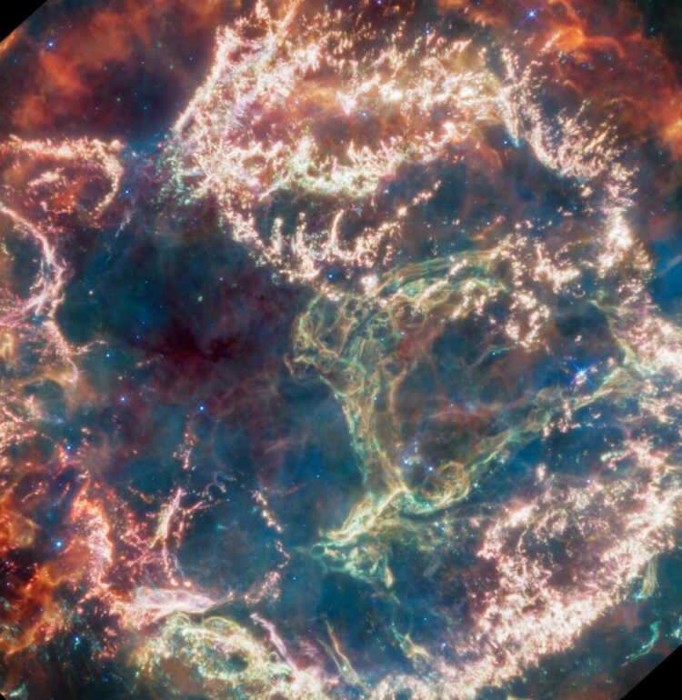 Cassiopeia A (Cas A) is a supernova remnant located about 11,000 light-years from Earth in the constellation Cassiopeia. It spans approximately 10 light-years. This new image uses data from Webb’s Mid-Infrared Instrument (MIRI) to reveal Cas A in a new light.