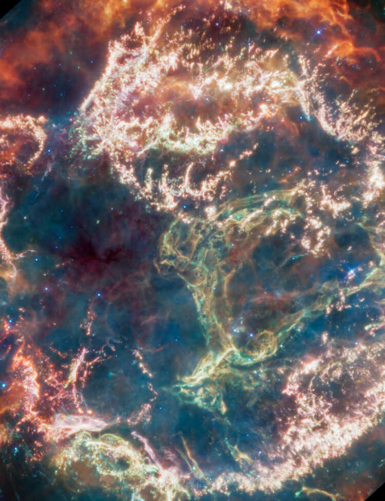 Cassiopeia A (Cas A) is a supernova remnant located about 11,000 light-years from Earth in the constellation Cassiopeia. It spans approximately 10 light-years. This new image uses data from Webb’s Mid-Infrared Instrument (MIRI) to reveal Cas A in a new light.