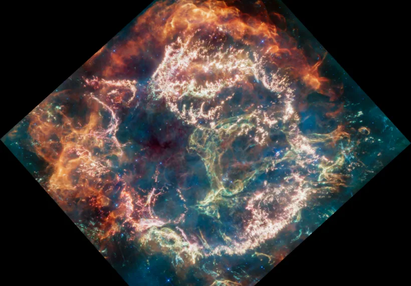 Cassiopeia A (Cas A) is a supernova remnant located about 11,000 light-years from Earth in the constellation Cassiopeia. It spans approximately 10 light-years. This new image uses data from Webb’s Mid-Infrared Instrument (MIRI) to reveal Cas A in a new light.