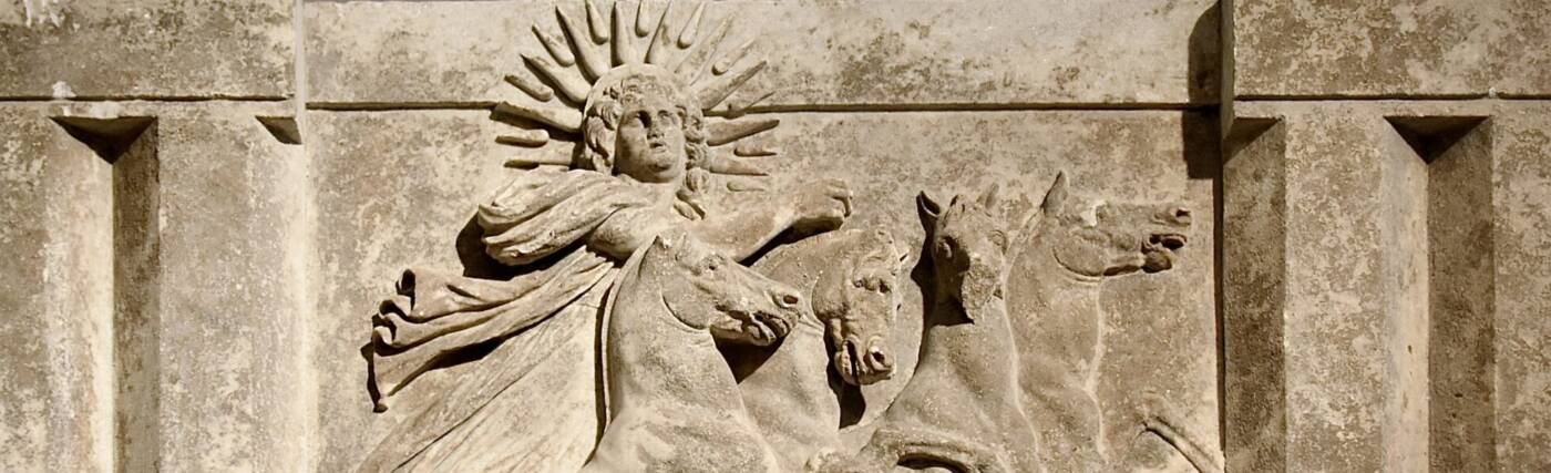 Architrave with sculpted metope showing sun god Helios in a quadriga; from temple of Athena at Troy, ca 300-280 BCE; Altes Museum, Berlin