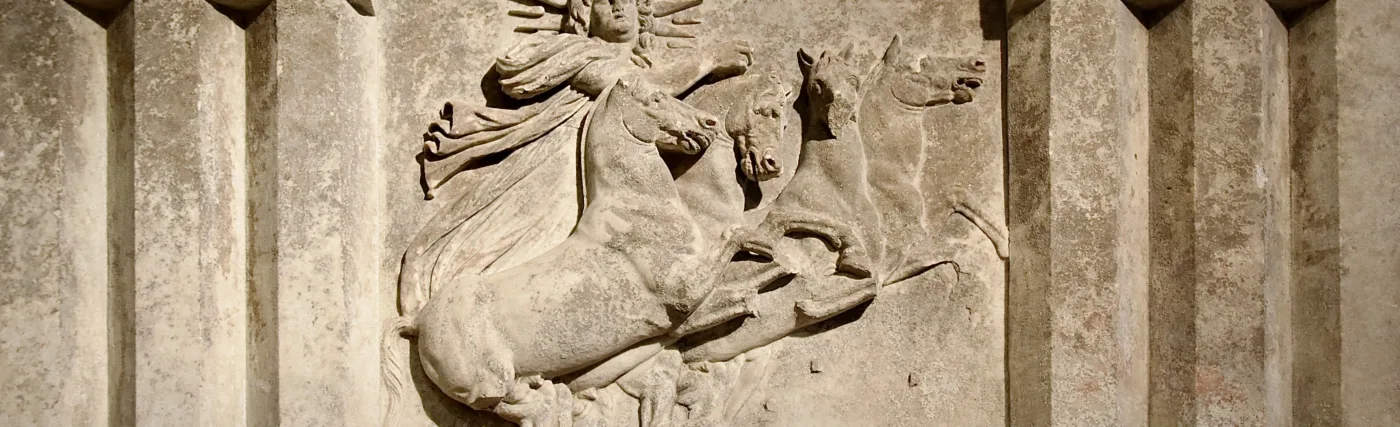Architrave with sculpted metope showing sun god Helios in a quadriga; from temple of Athena at Troy, ca 300-280 BCE; Altes Museum, Berlin