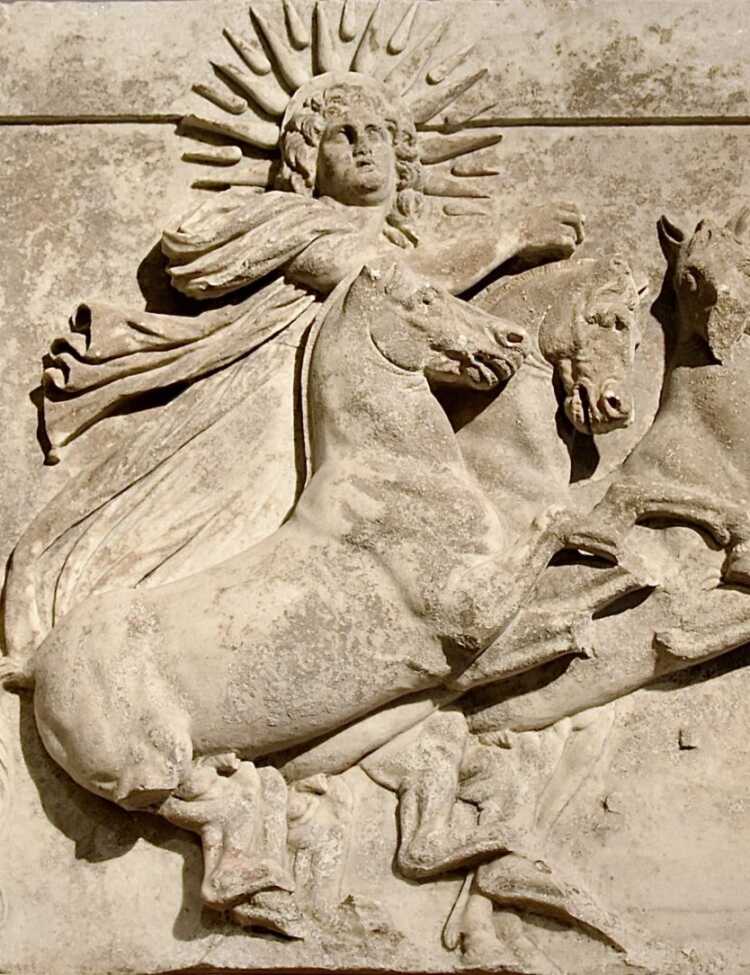 Architrave with sculpted metope showing sun god Helios in a quadriga; from temple of Athena at Troy, ca 300-280 BCE; Altes Museum, Berlin