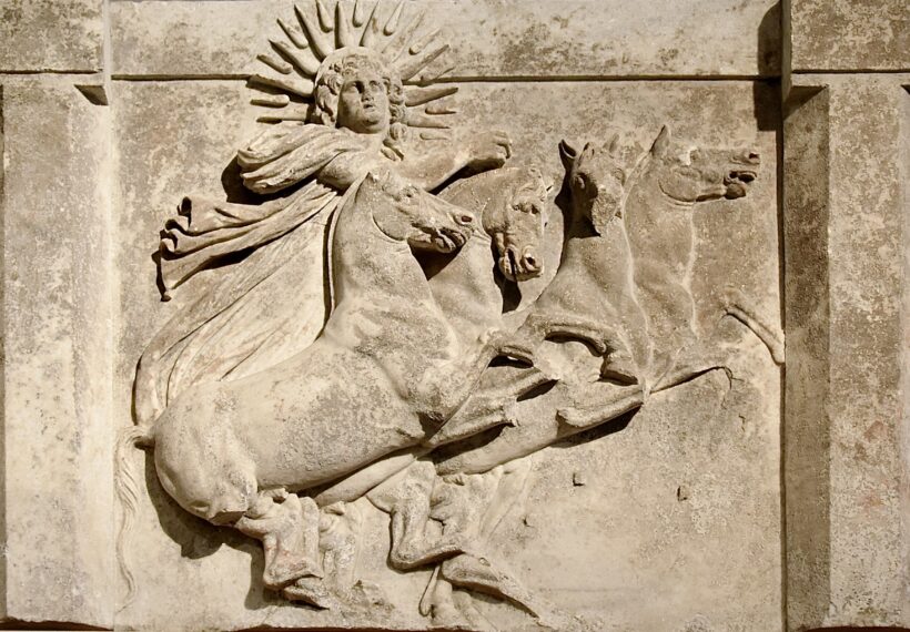 Architrave with sculpted metope showing sun god Helios in a quadriga; from temple of Athena at Troy, ca 300-280 BCE; Altes Museum, Berlin