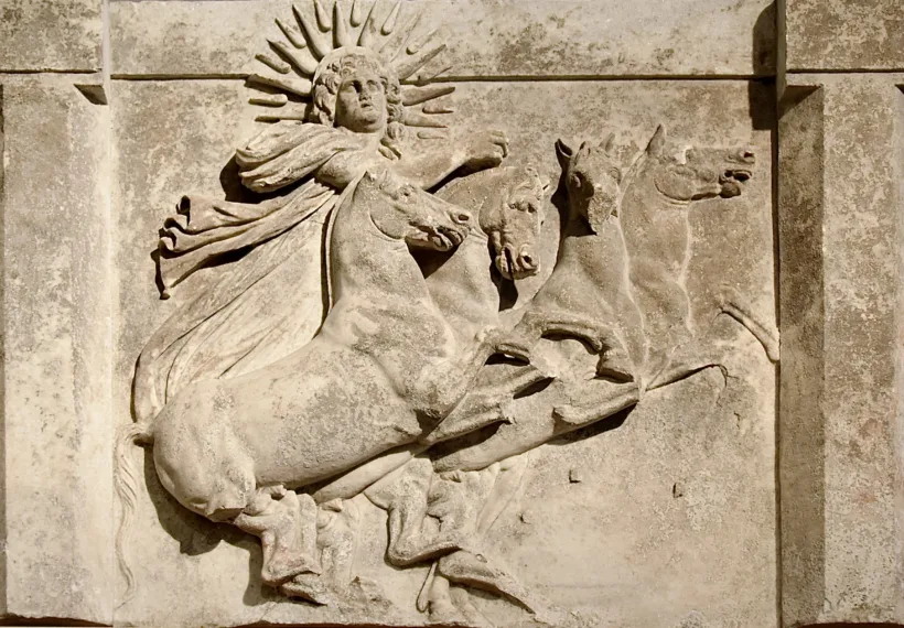 Architrave with sculpted metope showing sun god Helios in a quadriga; from temple of Athena at Troy, ca 300-280 BCE; Altes Museum, Berlin