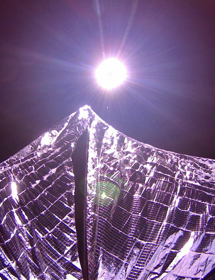 LightSail 1 captured this image of its deployed solar sails in Earth orbit on 8 June 2015. LightSail's cameras are fisheye lenses with a 185-degree field of view, which distort the shape of the sails and make them look curved in this image.