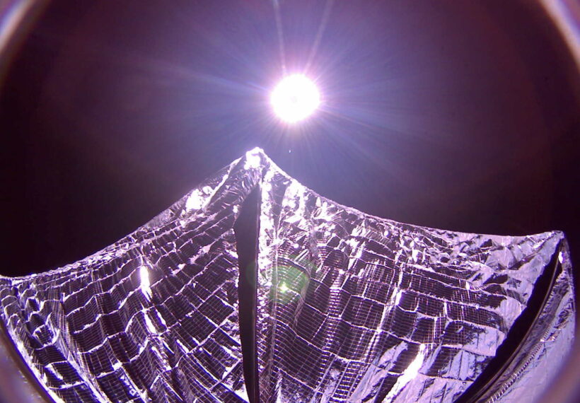 LightSail 1 captured this image of its deployed solar sails in Earth orbit on 8 June 2015. LightSail's cameras are fisheye lenses with a 185-degree field of view, which distort the shape of the sails and make them look curved in this image.