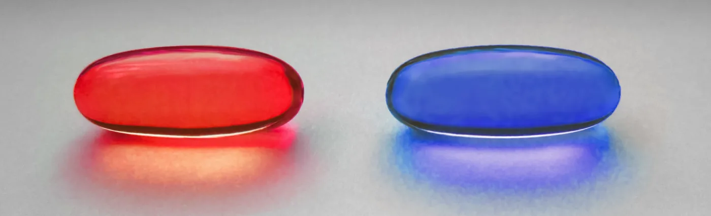 Red and blue pill as in the Matrix. The original photo is of two yellow omega-3 capsules, placed on a grainy paper on a windowsill. Light all natural from the window. Processed in Photoshop for color. Photographed in Visby, Gotland, Sweden.