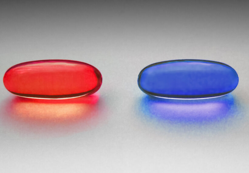 Red and blue pill as in the Matrix. The original photo is of two yellow omega-3 capsules, placed on a grainy paper on a windowsill. Light all natural from the window. Processed in Photoshop for color. Photographed in Visby, Gotland, Sweden.