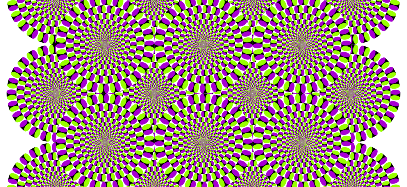 Rotating snakes, famous motion optical illusion by Akiyoshi Kitaoka. Peripheral drift illusion. This is a static image that seems to move.