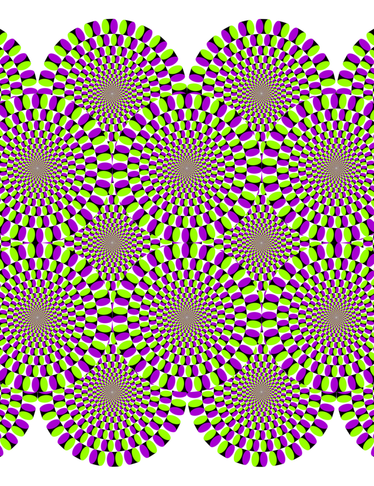 Rotating snakes, famous motion optical illusion by Akiyoshi Kitaoka. Peripheral drift illusion. This is a static image that seems to move.