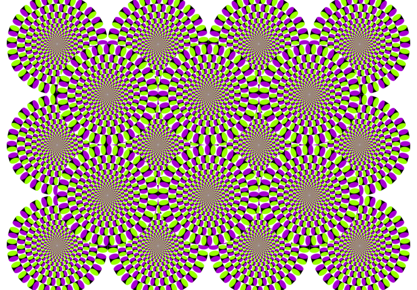 Rotating snakes, famous motion optical illusion by Akiyoshi Kitaoka. Peripheral drift illusion. This is a static image that seems to move.