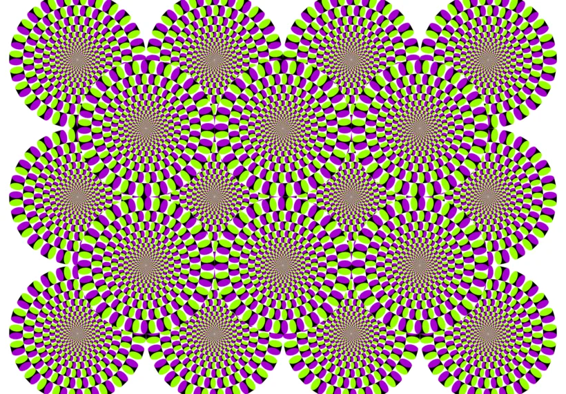 Rotating snakes, famous motion optical illusion by Akiyoshi Kitaoka. Peripheral drift illusion. This is a static image that seems to move.