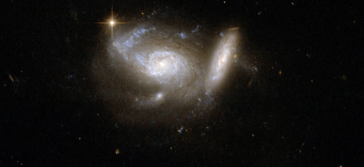 ESO 550-2 shows a pair of spiral galaxies, the larger nearly face-on and accompanied by a smaller, highly tilted partner. Tidal interaction from the smaller companion has clearly deformed one arm of the larger galaxy. Strong star formation continues both in the deformed arm and in a ring structure around the galaxy's core. The pair is surrounded by the glow of faintly shining stars and interstellar matter that has been smeared through space by the gravitational effects of the collision and the pull of a third nearby galaxy.