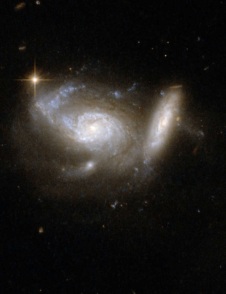 ESO 550-2 shows a pair of spiral galaxies, the larger nearly face-on and accompanied by a smaller, highly tilted partner. Tidal interaction from the smaller companion has clearly deformed one arm of the larger galaxy. Strong star formation continues both in the deformed arm and in a ring structure around the galaxy's core. The pair is surrounded by the glow of faintly shining stars and interstellar matter that has been smeared through space by the gravitational effects of the collision and the pull of a third nearby galaxy.