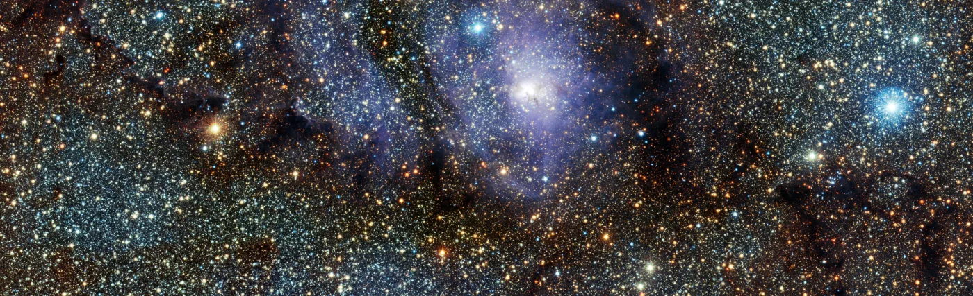 This new infrared view of the star formation region Messier 8, often called the Lagoon Nebula, was captured by the VISTA telescope at ESO’s Paranal Observatory in Chile. This colour picture was created from images taken through J, H and Ks near-infrared filters, and which were acquired as part of a huge survey of the central parts of the Milky Way. The field of view is about 34 by 15 arcminutes.