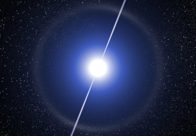 A pulsar is a fast rotating neutron star. The symmetry axis of its magnetic field deviates from the axis of rotation, which is why it emits synchrotron radiation along the dipole axis.