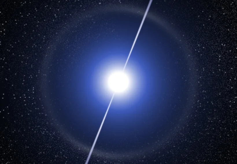 A pulsar is a fast rotating neutron star. The symmetry axis of its magnetic field deviates from the axis of rotation, which is why it emits synchrotron radiation along the dipole axis.
