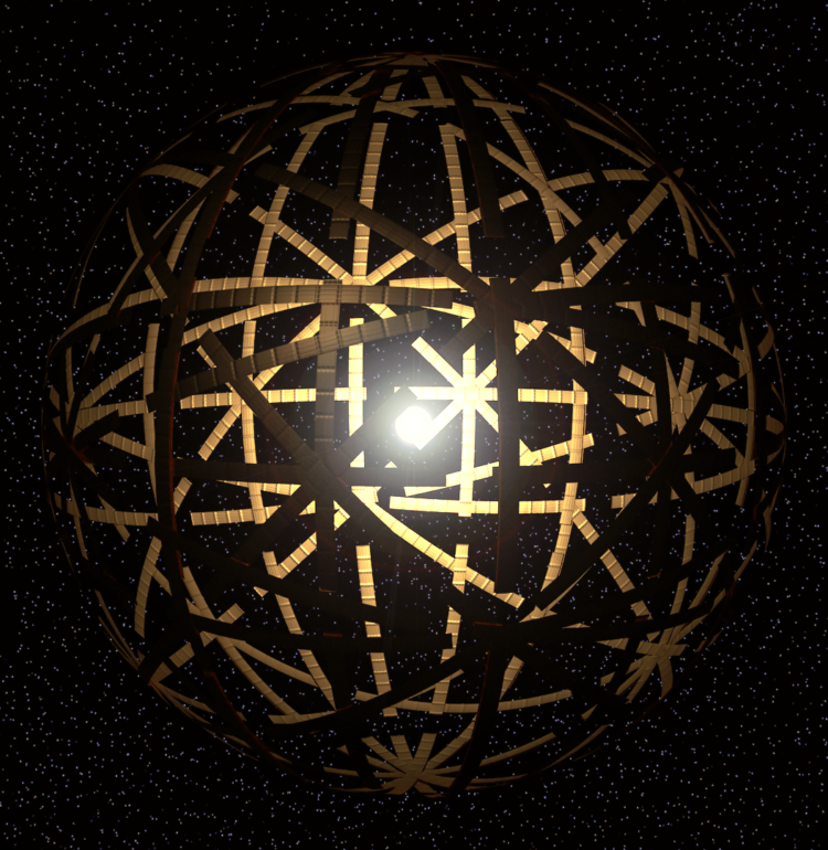 A Dyson Shell of massive independently orbiting arched panels. Rendered using Autodesk Maya and Adobe Photoshop.