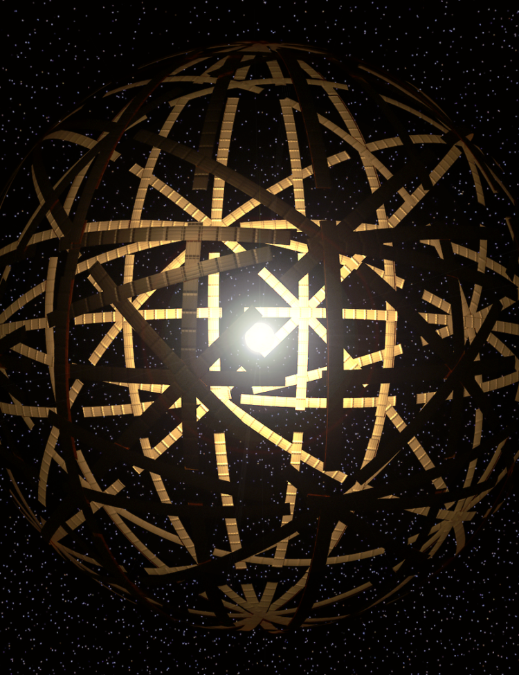 A Dyson Shell of massive independently orbiting arched panels. Rendered using Autodesk Maya and Adobe Photoshop.