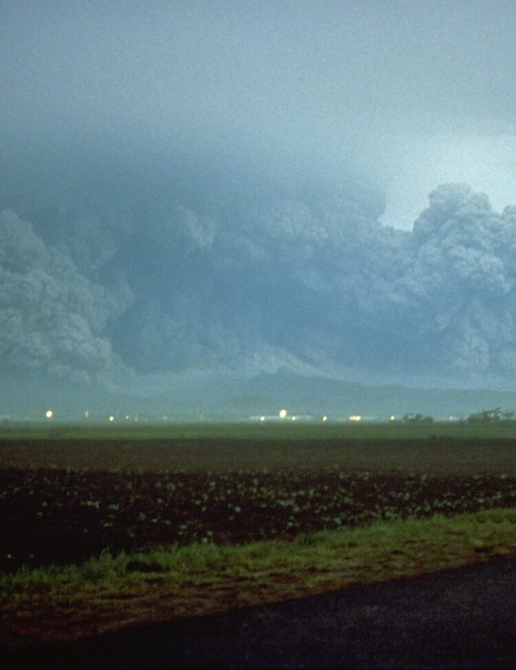 Mount Pinatubo at daybreak on June 15, 1991, a few minutes after the start of the climactic eruption.
