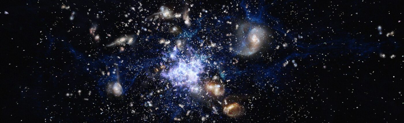 This artist’s impression depicts the formation of a galaxy cluster in the early Universe. The galaxies are vigorously forming new stars and interacting with each other. Such a scene closely resembles the Spiderweb Galaxy (formally known as MRC 1138-262) and its surroundings, which is one of the best-studiedprotoclusters.